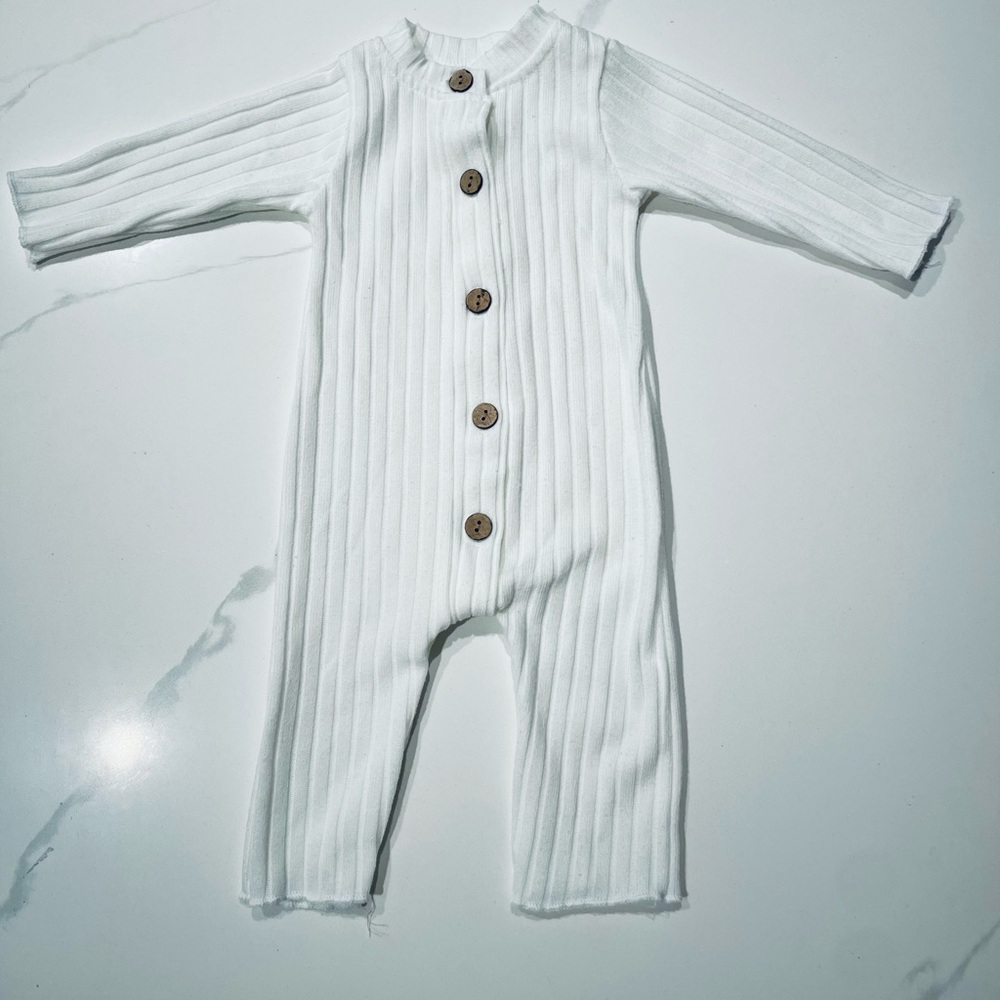 White Ribbed Kids Bodysuit with Wooden Buttons